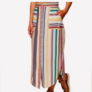 KAVU Vonn Striped Midi Skirt Button Front Pockets Round Hem Rainbow